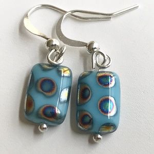 Murano Art Glass Bead Earrings Aqua Blue Gold Silver Plated Hand Made